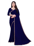 Navy Blue Embroidered Georgette Saree with Gold Border | Party & Festival Wear