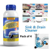 Pack of four powerful sink and drain cleaner powder sachets on a counter