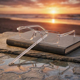 Two pairs of daily reading glasses with anti-blue light lenses side by side