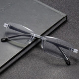 Pair of daily reading glasses with anti-blue light lenses on a white surface