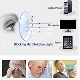 Reading glasses with anti-blue light lenses folded next to their case