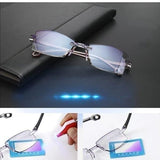 Close-up of anti-blue light reading glasses lenses and lightweight frame