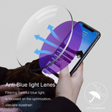 A hand holds a smartphone showing a blue screen while wearing a clear anti-blue light lens over the phone. The image includes text reading 'Anti-Blue light Lenses' and 'Filtering harmful blue light, is focused on the optimization, alleviate eyestrain,' plus a 'UV Protection' icon, with a softly blurred living room in the background.